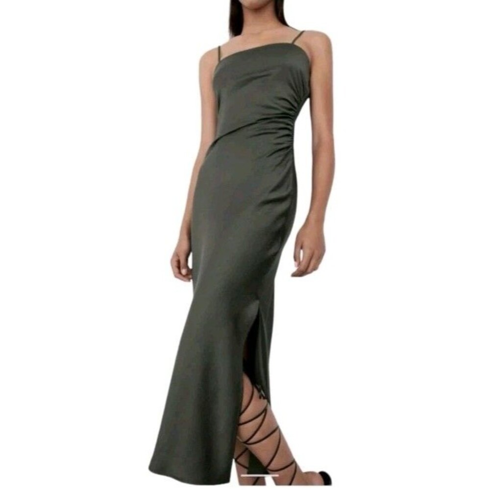 Zara Dark Khaki Green Satin Effect Slip Midi Dress Side Ruched Draped Slit Sz L
